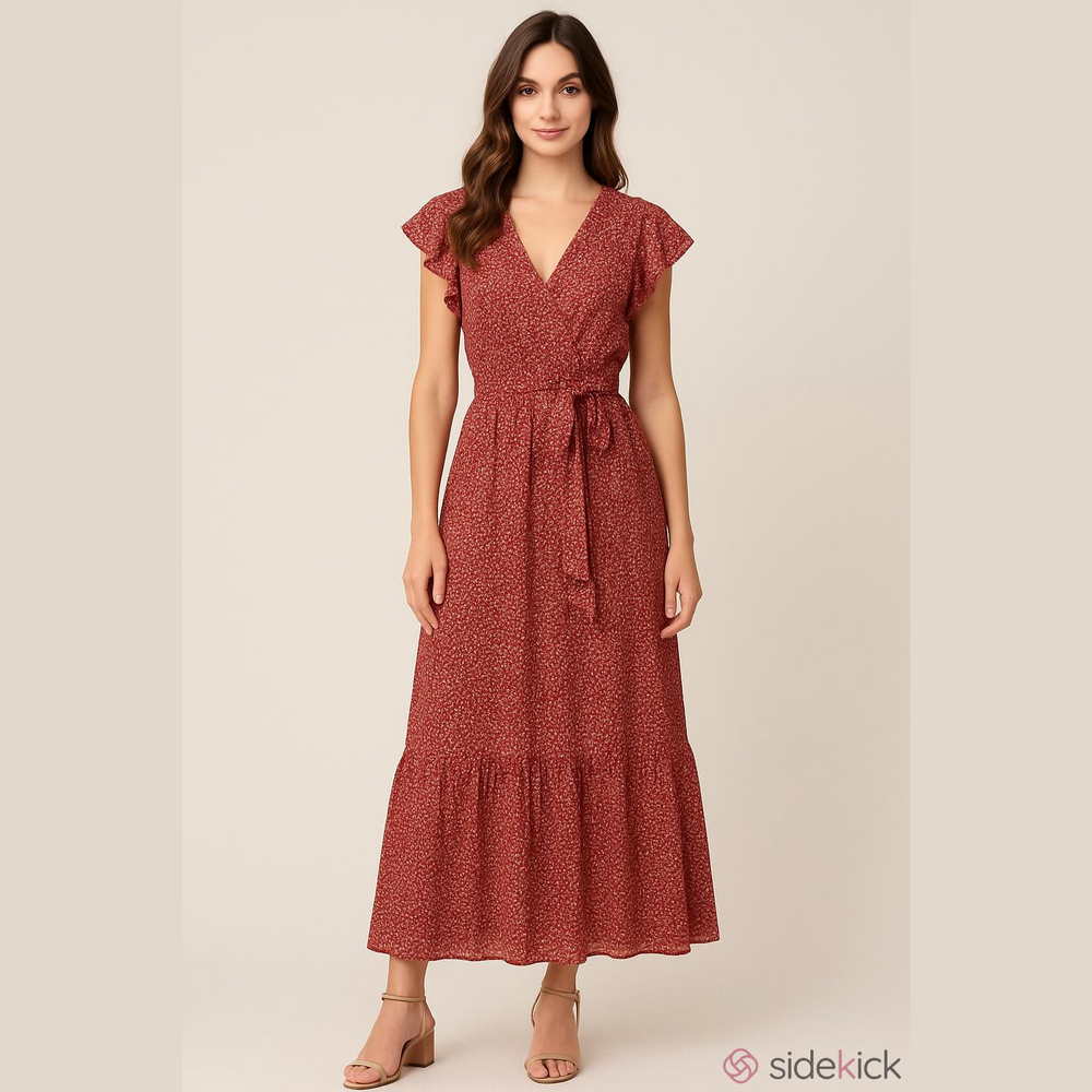 Elegant Red Floral Sheer V Neck lightweight Maxi Bohemian Dress
